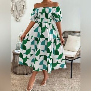 Off-Shoulder Puff Sleeve Smocked Midi Dress – Green & Teal Abstract Print